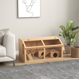 PawHut Hamster Cage, Wooden Small Animal Cage for Gerbils, Mice w/ Suspension Bridge, Openable Top, Hut, 85 x 45 x 44cm Nature - Aosom UK - thumbnail 2