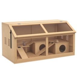PawHut Hamster Cage, Wooden Small Animal Cage for Gerbils, Mice w/ Suspension Bridge, Openable Top, Hut, 85 x 45 x 44cm Nature - Aosom UK - thumbnail 1
