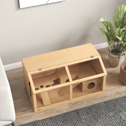 PawHut Hamster Cage, Wooden Small Animal Cage for Gerbils, Mice w/ Suspension Bridge, Openable Top, Hut, 85 x 45 x 44cm Nature - Aosom UK - thumbnail 7