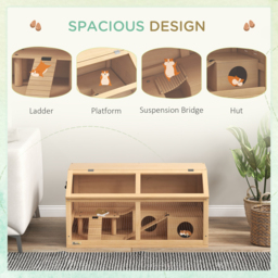 PawHut Hamster Cage, Wooden Small Animal Cage for Gerbils, Mice w/ Suspension Bridge, Openable Top, Hut, 85 x 45 x 44cm Nature - Aosom UK - thumbnail 4
