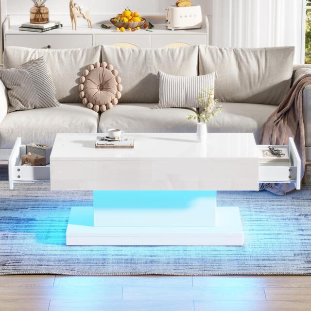 T-shaped Coffee Table with 2 Drawers and App-Controlled LED Strip, High-Gloss Centre Table for Living Room, 100L x 50W x 45H cm, White - Aosom UK - image 1