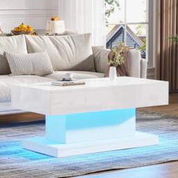 T-shaped Coffee Table with 2 Drawers and App-Controlled LED Strip, High-Gloss Centre Table for Living Room, 100L x 50W x 45H cm, White - Aosom UK - thumbnail 8