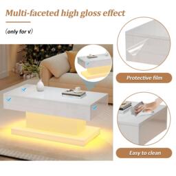 T-shaped Coffee Table with 2 Drawers and App-Controlled LED Strip, High-Gloss Centre Table for Living Room, 100L x 50W x 45H cm, White - Aosom UK - thumbnail 5