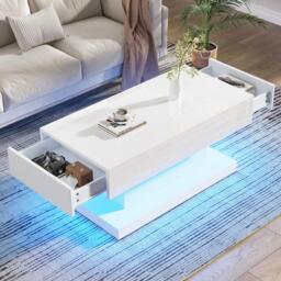 T-shaped Coffee Table with 2 Drawers and App-Controlled LED Strip, High-Gloss Centre Table for Living Room, 100L x 50W x 45H cm, White - Aosom UK - thumbnail 9