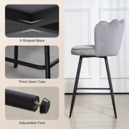 HOMCOM Set of Two Velvet-Feel Lotus Bar Stools - Grey - thumbnail 6