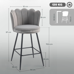 HOMCOM Set of Two Velvet-Feel Lotus Bar Stools - Grey - thumbnail 3