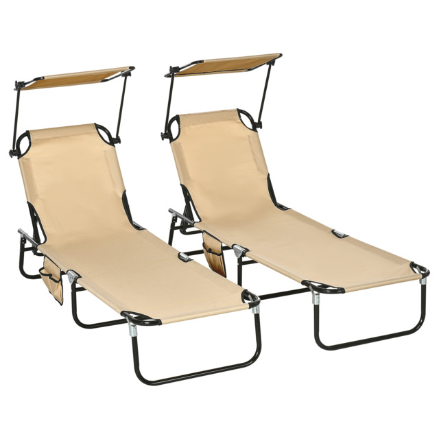 Outsunny 2 Piece Folding Sun Loungers with Canopy, Adjustable Recliner Garden Chairs with Side Pockets and Breathable Mesh for Beach, Garden - image 1