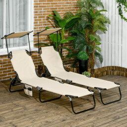 Outsunny 2 Piece Folding Sun Loungers with Canopy, Adjustable Recliner Garden Chairs with Side Pockets and Breathable Mesh for Beach, Garden - thumbnail 2