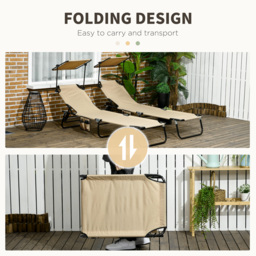 Outsunny 2 Piece Folding Sun Loungers with Canopy, Adjustable Recliner Garden Chairs with Side Pockets and Breathable Mesh for Beach, Garden - thumbnail 6
