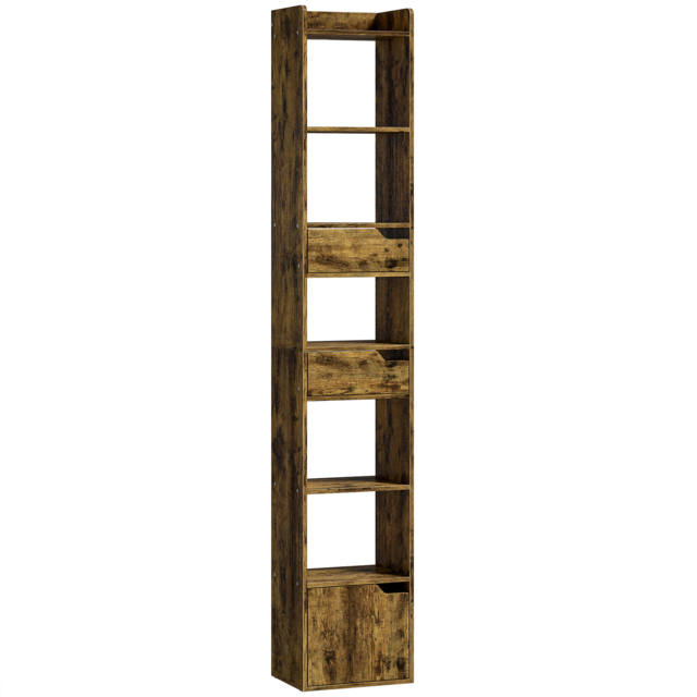 HOMCOM Bookcase Tall Narrow with 5 Tiers and Drawers Freestanding Bookshelf Storage Cabinet for Living Room Rustic Brown - image 1