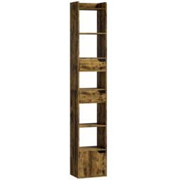HOMCOM Bookcase Tall Narrow with 5 Tiers and Drawers Freestanding Bookshelf Storage Cabinet for Living Room Rustic Brown - thumbnail 1