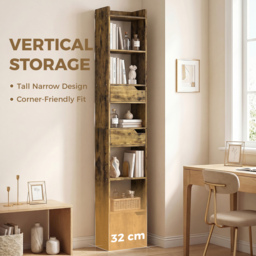 HOMCOM Bookcase Tall Narrow with 5 Tiers and Drawers Freestanding Bookshelf Storage Cabinet for Living Room Rustic Brown - thumbnail 4
