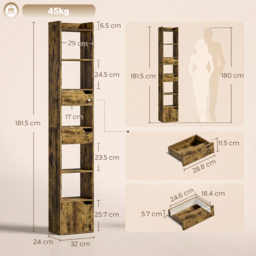 HOMCOM Bookcase Tall Narrow with 5 Tiers and Drawers Freestanding Bookshelf Storage Cabinet for Living Room Rustic Brown - thumbnail 3