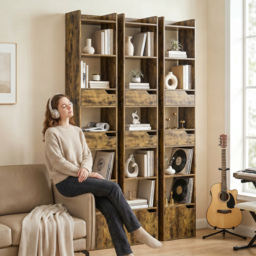 HOMCOM Bookcase Tall Narrow with 5 Tiers and Drawers Freestanding Bookshelf Storage Cabinet for Living Room Rustic Brown - thumbnail 9