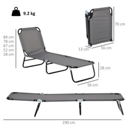 Outsunny Patio Sun Lounger with 5-Position Adjustable Backrest, Weather-Resistant Oxford Fabric, Grey - Aosom UK - thumbnail 3