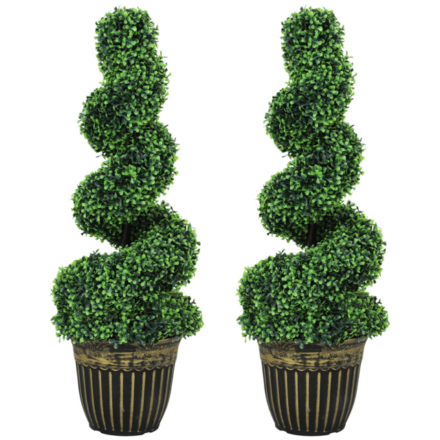 HOMCOM Set of 2 Artificial Plants, Topiary Spiral Boxwood Trees with Pot, for Home Indoor Outdoor Decor, 90cm - Aosom UK - image 1