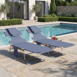Outsunny 5-Position Adjustable Sun Loungers Set of 2 with Reading Hole and Side Pocket, Grey - thumbnail 8