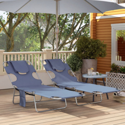 Outsunny 5-Position Adjustable Sun Loungers Set of 2 with Reading Hole and Side Pocket, Grey - thumbnail 9