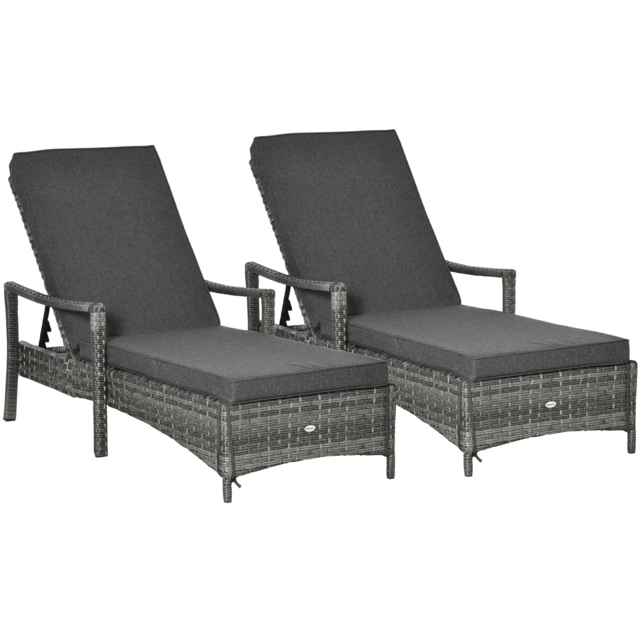 Outsunny PE Rattan Sun Loungers set of 2 with Cushion, Outdoor 2 Pieces Garden Sunbed Furniture with 4-Level Recliner Backrest, and Armrest, Grey - image 1