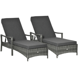 Outsunny PE Rattan Sun Loungers set of 2 with Cushion, Outdoor 2 Pieces Garden Sunbed Furniture with 4-Level Recliner Backrest, and Armrest, Grey - thumbnail 1