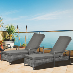 Outsunny PE Rattan Sun Loungers set of 2 with Cushion, Outdoor 2 Pieces Garden Sunbed Furniture with 4-Level Recliner Backrest, and Armrest, Grey - thumbnail 9