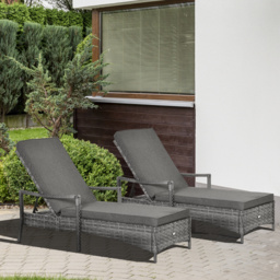 Outsunny PE Rattan Sun Loungers set of 2 with Cushion, Outdoor 2 Pieces Garden Sunbed Furniture with 4-Level Recliner Backrest, and Armrest, Grey - thumbnail 2