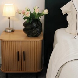HOMCOM Bedside Table, Nordic Side Table with Roller Shutter Style Sliding Doors and Metal Legs for Bedroom, Living Room, Oak Tone - Aosom UK - thumbnail 8