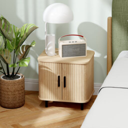 HOMCOM Bedside Table, Nordic Side Table with Roller Shutter Style Sliding Doors and Metal Legs for Bedroom, Living Room, Oak Tone - Aosom UK - thumbnail 2
