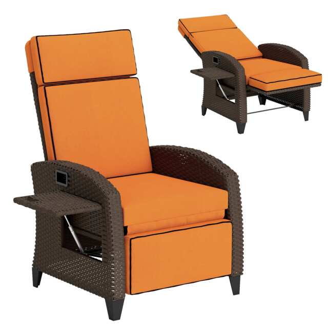 Outsunny Garden Recliner with Cushion, Outdoor Recliner Chair with Adjustable Backrest & Footrest, Side Tray, Orange - image 1
