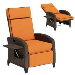 Outsunny Garden Recliner with Cushion, Outdoor Recliner Chair with Adjustable Backrest & Footrest, Side Tray, Orange - thumbnail 1