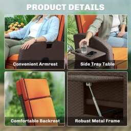 Outsunny Garden Recliner with Cushion, Outdoor Recliner Chair with Adjustable Backrest & Footrest, Side Tray, Orange - thumbnail 6