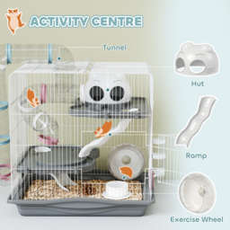 PawHut 3-Tier Hamster Cage with Exercise Wheels, Water Bottle, Food Dish, for Dwarf Hamsters, 45 x 30 x 45 cm, Grey - thumbnail 5