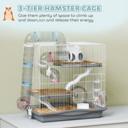 PawHut 3-Tier Hamster Cage with Exercise Wheels, Water Bottle, Food Dish, for Dwarf Hamsters, 45 x 30 x 45 cm, Grey - thumbnail 4
