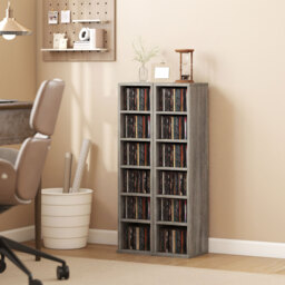 HOMCOM Set of 2 CD Media Display Shelf Unit Tower Rack with Adjustable Shelves, Distressed Grey - thumbnail 2