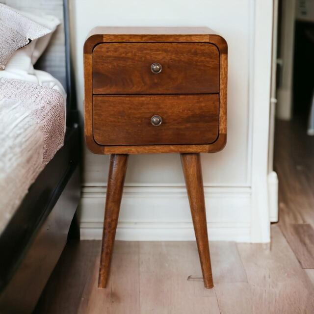 Solid Mango Wood Bedside Table with Smooth-Gliding Drawers, Nordic Legs, Hand-Finished Desk for Living Room, 30L x 30W x 55H cm, Brown - Aosom UK