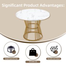 Modern Round Dining Table with MDF Marble Pattern Top, Sturdy Metal Frame, Perfect for Dining, Working, 100L x 100W x 75H cm, Gold+White - Aosom.UK - thumbnail 5