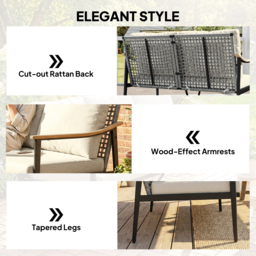 Outsunny 2 Seater Rattan Sofa, Outdoor Garden Sofa with Wood-Effect Armrests, Cushions for Patio, Balcony, Khaki - thumbnail 5