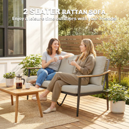 Outsunny 2 Seater Rattan Sofa, Outdoor Garden Sofa with Wood-Effect Armrests, Cushions for Patio, Balcony, Khaki - thumbnail 4
