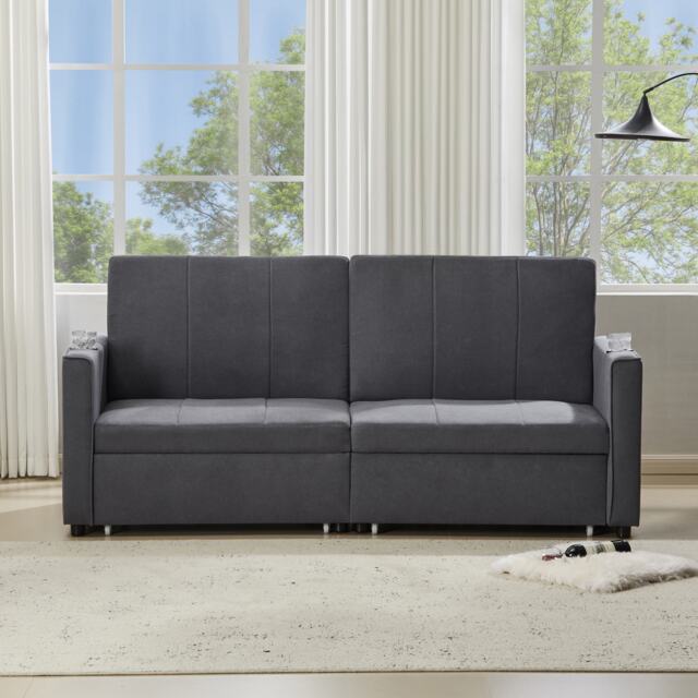 Modern Convertible Fabric Sofa Chair with Cup Holders, Side Pockets, King Size Independent Pull Out Sofa Bed, 207L x 87W x 96H cm, Gray - Aosom UK - image 1
