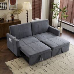 Modern Convertible Fabric Sofa Chair with Cup Holders, Side Pockets, King Size Independent Pull Out Sofa Bed, 207L x 87W x 96H cm, Gray - Aosom UK - thumbnail 7