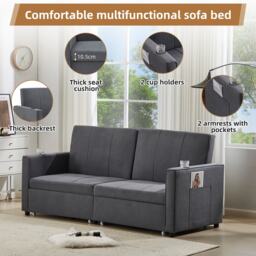 Modern Convertible Fabric Sofa Chair with Cup Holders, Side Pockets, King Size Independent Pull Out Sofa Bed, 207L x 87W x 96H cm, Gray - Aosom UK - thumbnail 5