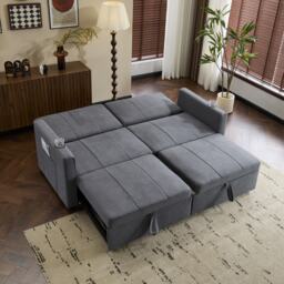 Modern Convertible Fabric Sofa Chair with Cup Holders, Side Pockets, King Size Independent Pull Out Sofa Bed, 207L x 87W x 96H cm, Gray - Aosom UK - thumbnail 9