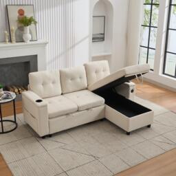 L-Shaped 3-Seater Sofa Bed with Hidden Storage, USB & USB-C Ports, Space-Saving Sofa for Compact Spaces, 208L x 146W x 89.5H cm, Beige - Aosom UK - thumbnail 9