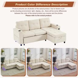 L-Shaped 3-Seater Sofa Bed with Hidden Storage, USB & USB-C Ports, Space-Saving Sofa for Compact Spaces, 208L x 146W x 89.5H cm, Beige - Aosom UK - thumbnail 5
