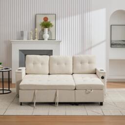 L-Shaped 3-Seater Sofa Bed with Hidden Storage, USB & USB-C Ports, Space-Saving Sofa for Compact Spaces, 208L x 146W x 89.5H cm, Beige - Aosom UK - thumbnail 1