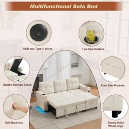 L-Shaped 3-Seater Sofa Bed with Hidden Storage, USB & USB-C Ports, Space-Saving Sofa for Compact Spaces, 208L x 146W x 89.5H cm, Beige - Aosom UK - thumbnail 4