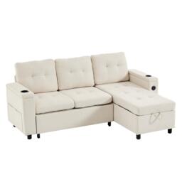 L-Shaped 3-Seater Sofa Bed with Hidden Storage, USB & USB-C Ports, Space-Saving Sofa for Compact Spaces, 208L x 146W x 89.5H cm, Beige - Aosom UK - thumbnail 2