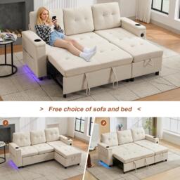 L-Shaped 3-Seater Sofa Bed with Hidden Storage, USB & USB-C Ports, Space-Saving Sofa for Compact Spaces, 208L x 146W x 89.5H cm, Beige - Aosom UK - thumbnail 6