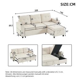 L-Shaped 3-Seater Sofa Bed with Hidden Storage, USB & USB-C Ports, Space-Saving Sofa for Compact Spaces, 208L x 146W x 89.5H cm, Beige - Aosom UK - thumbnail 3