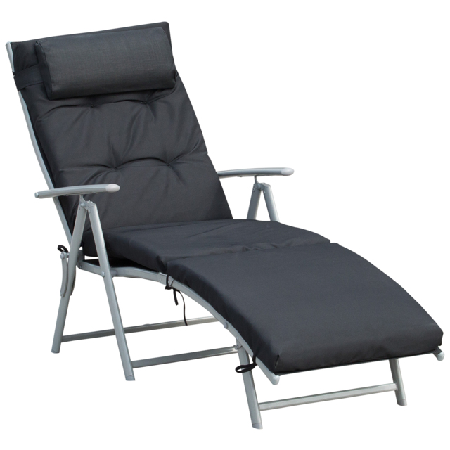 Outsunny Foldable Sun Lounger Garden Texteline Reclining Chair w/ Pillow, Adjustable Back, Thickened Cushion, Black - Aosom UK - image 1
